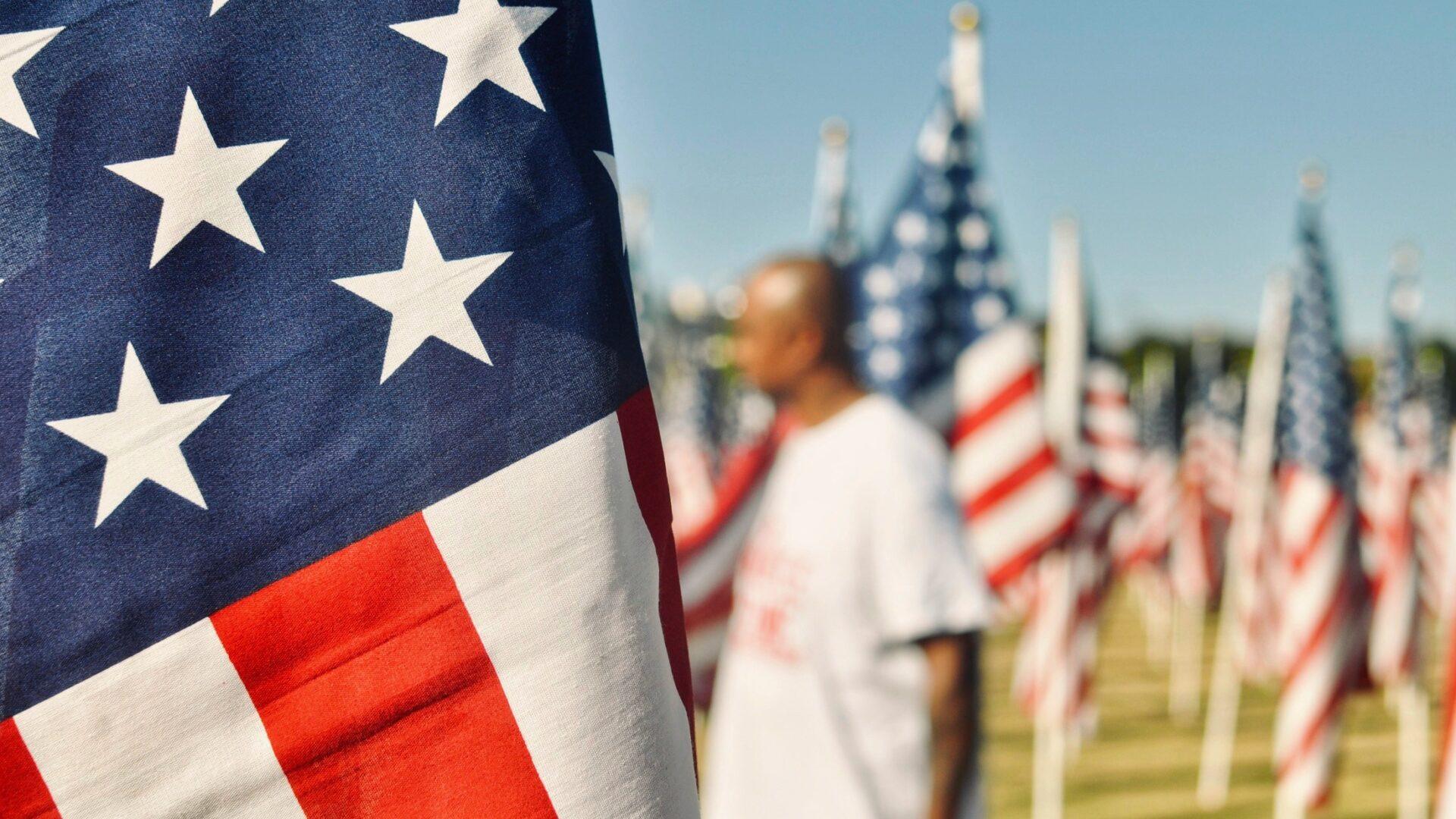 Field of American Flags staked in the ground, with one in focus and closely cropped to the camera, with an African-American man in the background out of focus